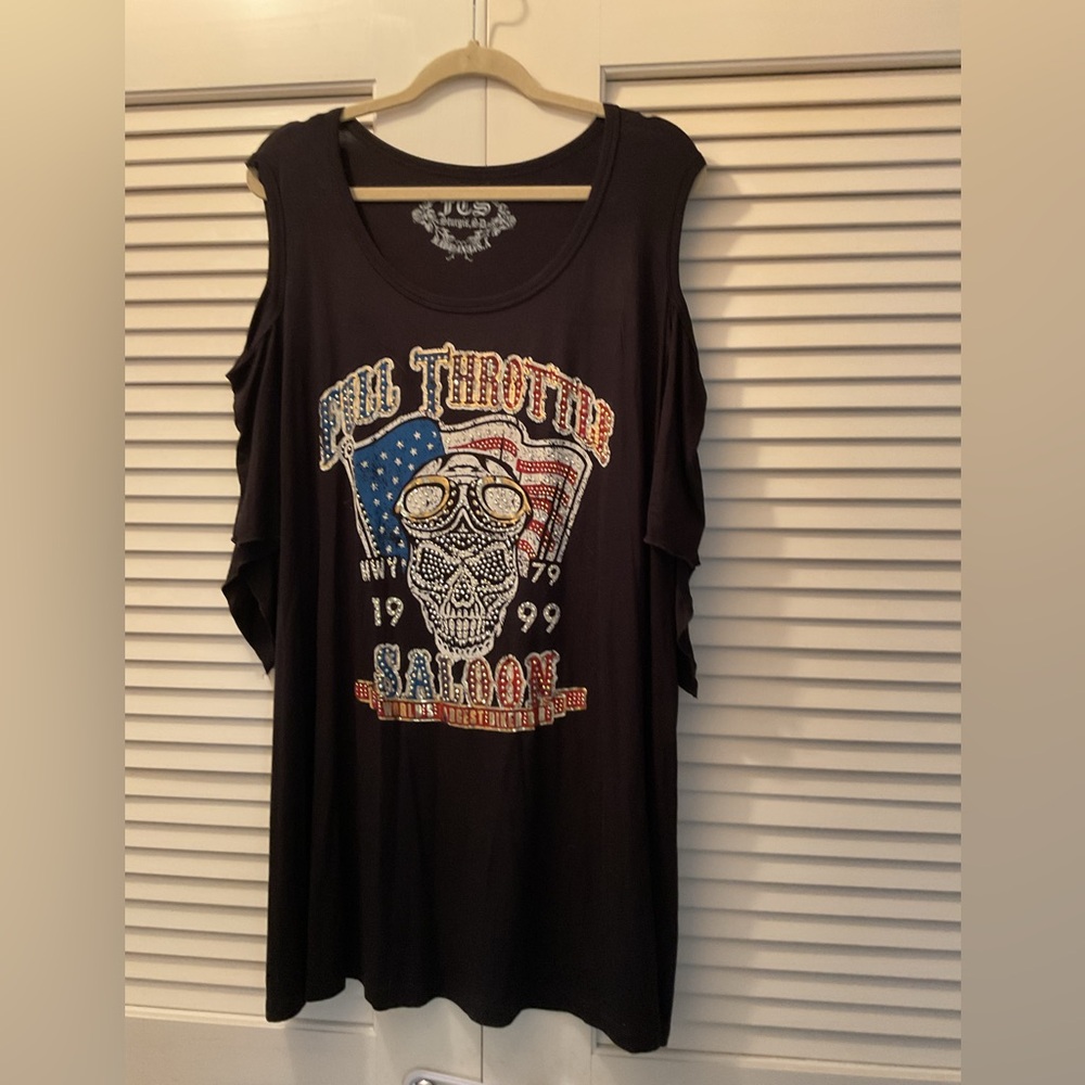 Full Throttle Saloon Black Graphic Top with Skull Design Cold Shoulder